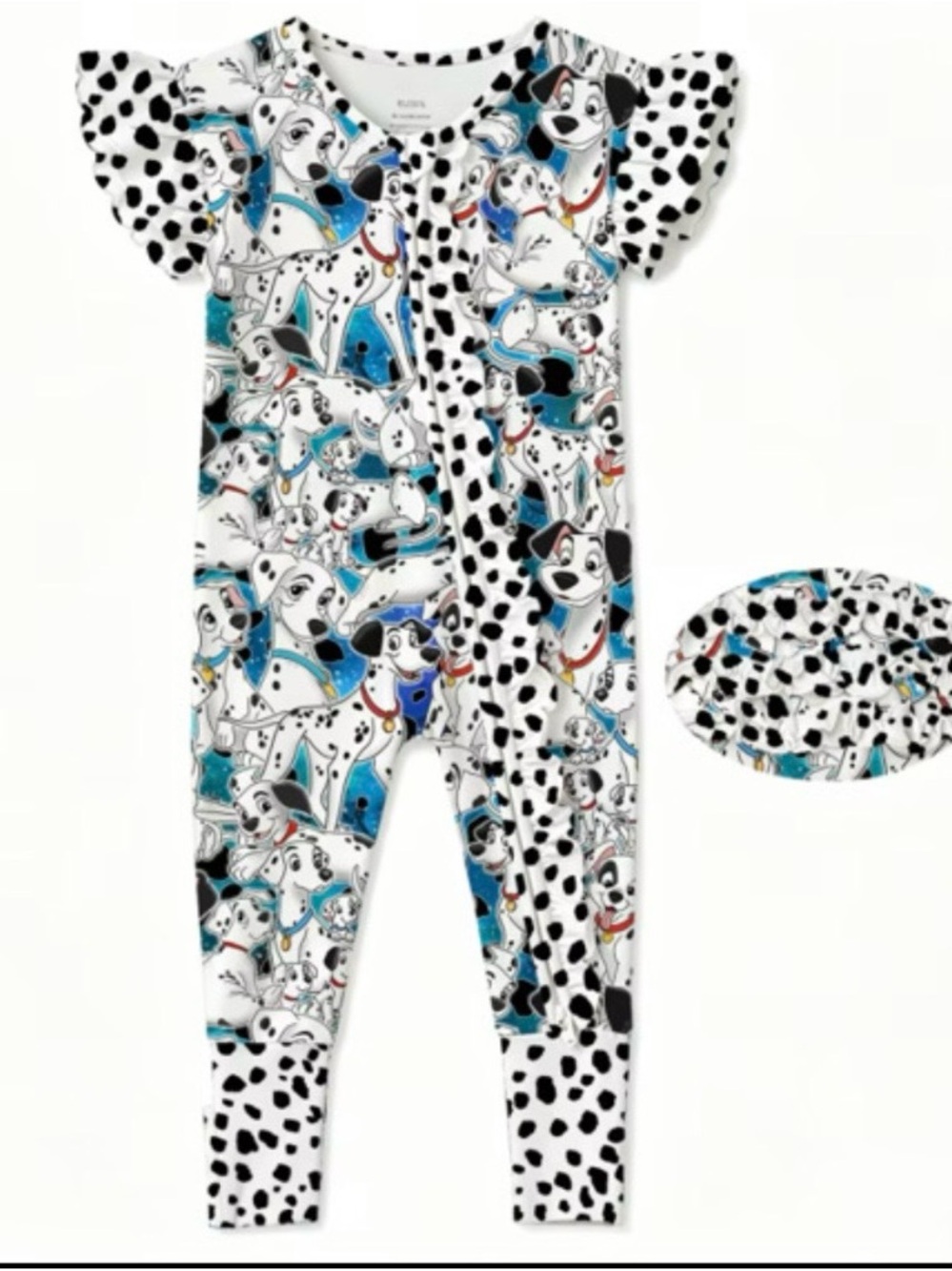 BAMBOO Dalmatian flutter sleeve and ruffle butt zippy with optional footies